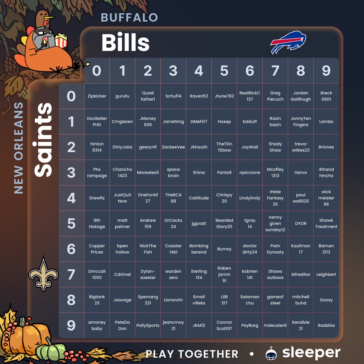 Here are tonight's Sleeper Squares! Good luck to those who made it!

Happy Thanksgiving!