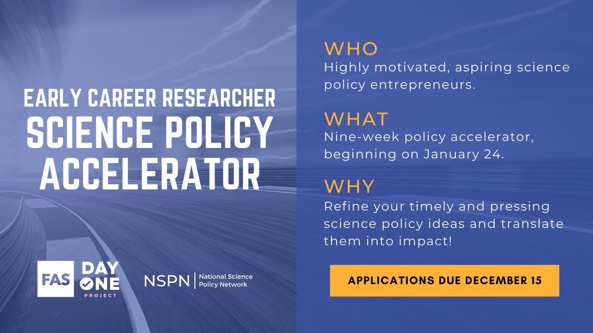 SciPolNetwork's tweet image. 📢New Program Alert

Are you an early career researcher looking to translate your idea into an actionable policy proposal? Join us and @FAScientists @Day1Project for an accelerator that brings new ideas into federal #scipol. Learn more &amp;amp; apply by 12/15 👇

dayoneproject.org/ecr-science-ac…