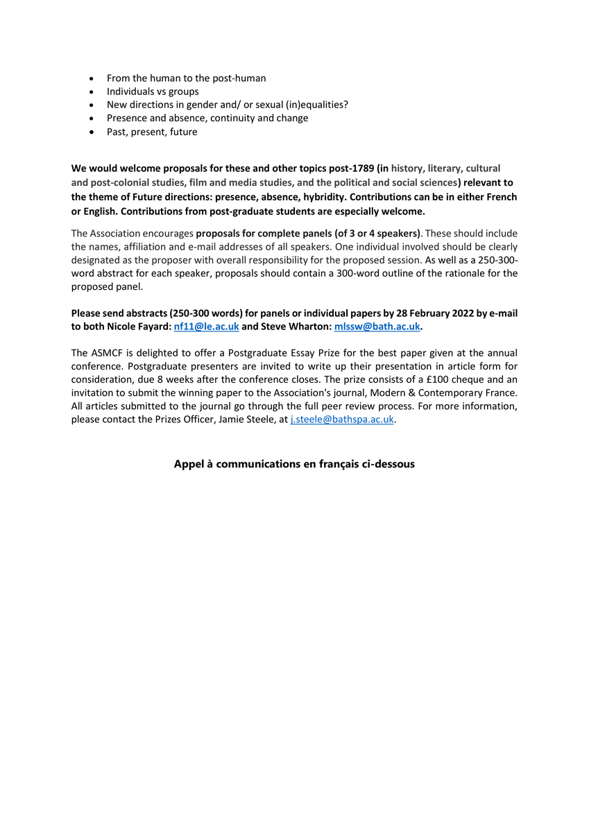 asmcf's tweet photo. We are delighted to share with you the Call for Papers for our 2022 Annual Conference - 𝗣𝗿𝗲𝘀𝗲𝗻𝗰𝗲, 𝗮𝗯𝘀𝗲𝗻𝗰𝗲, 𝗵𝘆𝗯𝗿𝗶𝗱𝗶𝘁𝘆: 𝗳𝘂𝘁𝘂𝗿𝗲 𝗱𝗶𝗿𝗲𝗰𝘁𝗶𝗼𝗻𝘀 𝗶𝗻 𝗙𝗿𝗲𝗻𝗰𝗵 𝗮𝗻𝗱 𝗙𝗿𝗮𝗻𝗰𝗼𝗽𝗵𝗼𝗻𝗲 𝗦𝘁𝘂𝗱𝗶𝗲𝘀, to be held online from 8-9 September. https://t.co/LH74vfMzxs