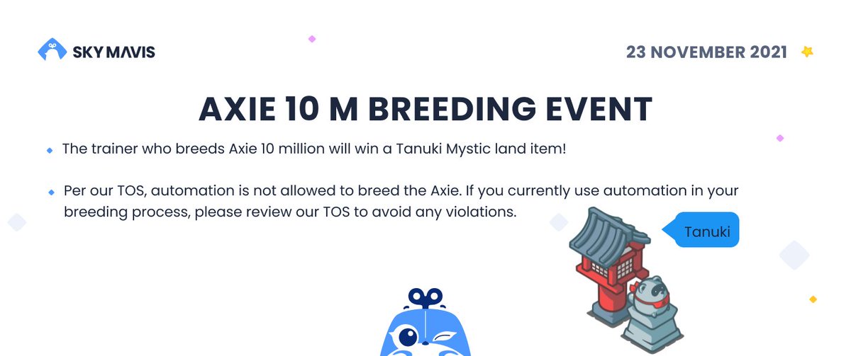 AxieInfinity's tweet photo. 📢Axie 10 M Breeding Event!

Full details below 👇 https://t.co/9MjFXhDCJc