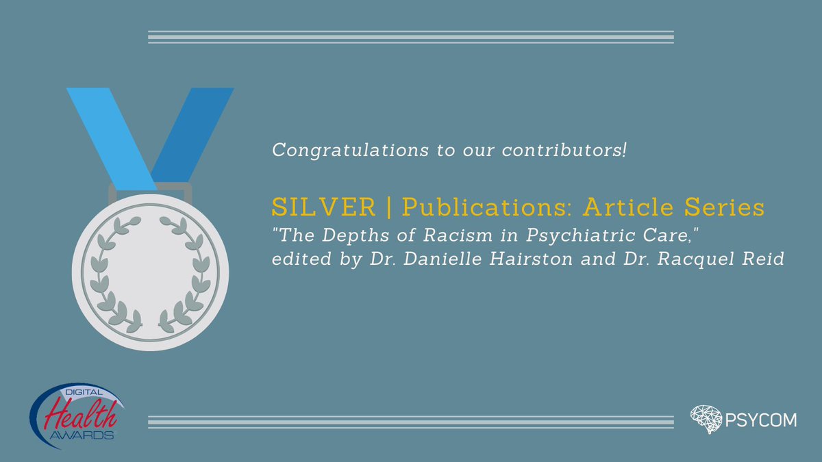 psycomnet's tweet photo. Congratulations to @ADocNamedDani and @imaginemh for earning Silver in Article Series at the #Fall2021DHA.
Read "The Depths of Racism in Psychiatric Care" here: https://t.co/67MPfN0W6t https://t.co/bPaMM6Fnn0