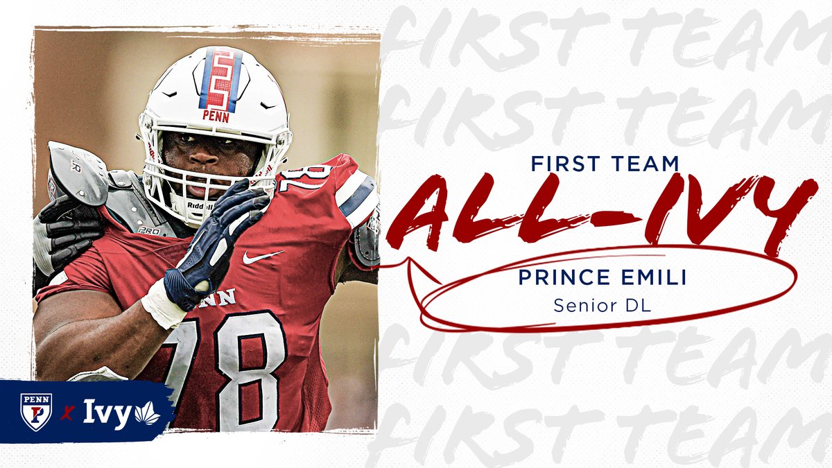 PennFB's tweet photo. Prince Emili ends a stellar career with Penn by earning First Team All-Ivy honors!

2021 Stats:
✅ 13 TFLs
✅ 5 Sacks
✅ 1 blocked kick

#UPrising x #FightOnPenn https://t.co/jpm4JX3oCp