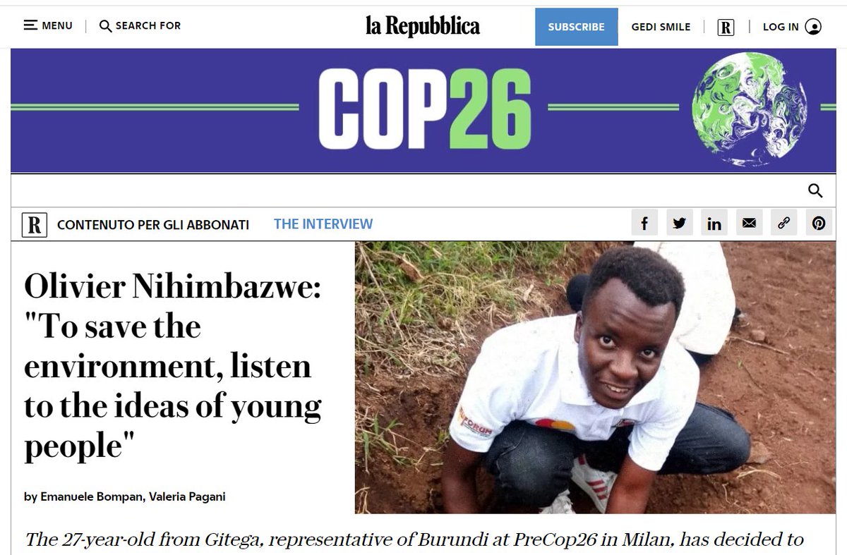 Olivier Nihimbazwe : "To save the environment, listen to the ideas of young people"

Italy's major newspaper La Repubblica interviewed me ahead of COP26. Check the full conversation here: repubblica.it/green-and-blue… via <a href="/repubblica/">Repubblica</a>