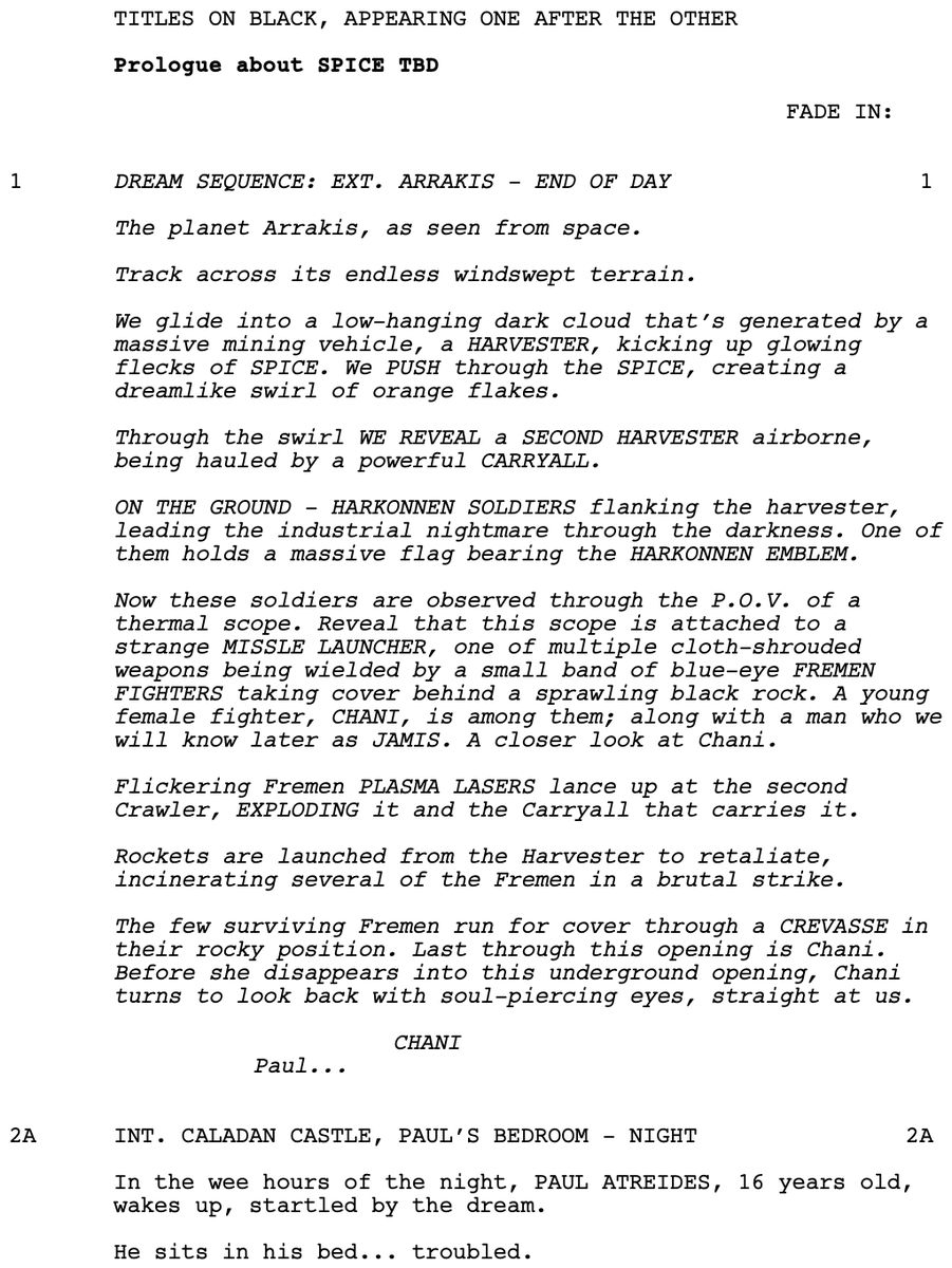 GoIntoTheStory's tweet photo. Page One: "Dune" (2021), screenplay by Jon Spaihts and
Denis Villeneuve and Eric Roth, based on the novel by Frank Herbert https://t.co/d4abGf91cS