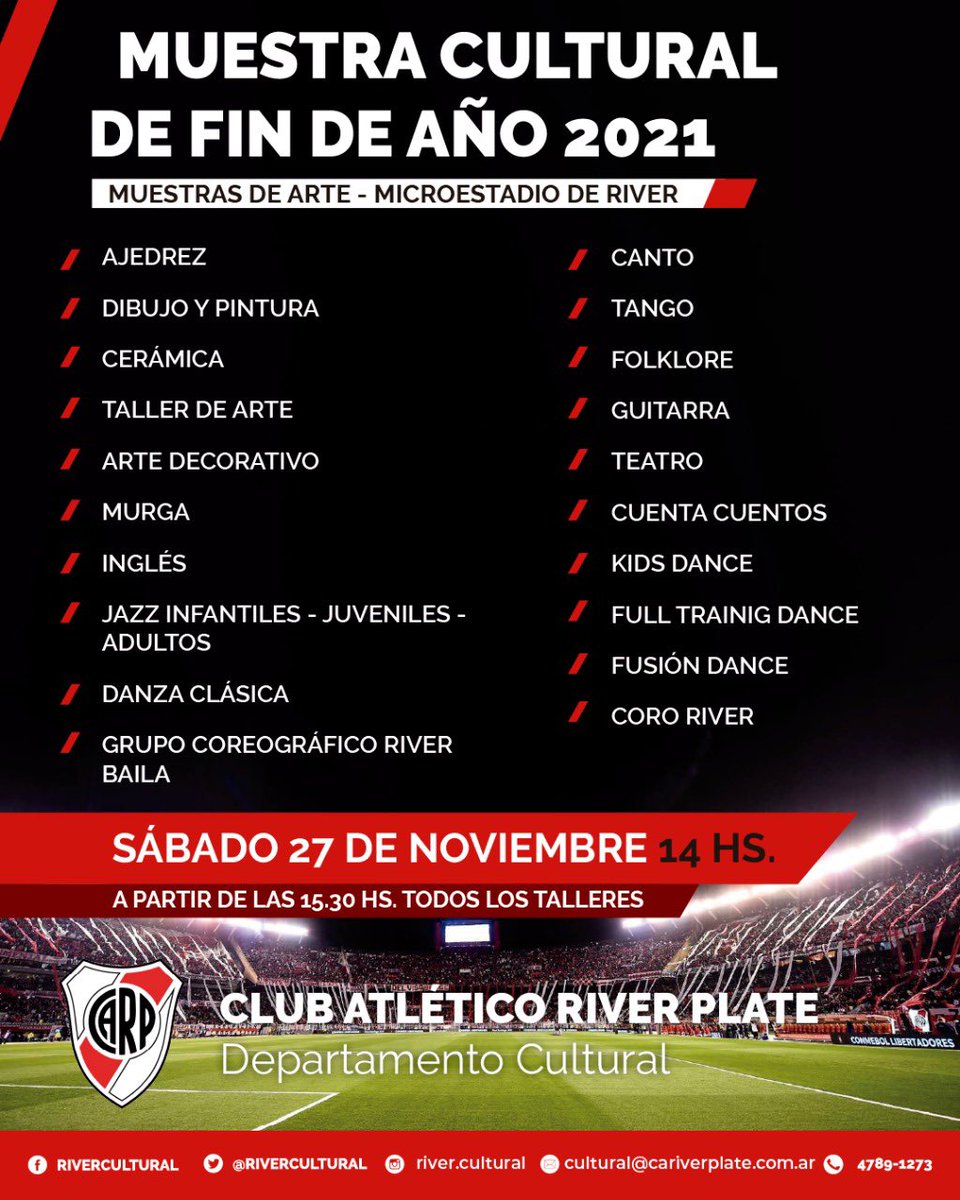 Muestra fin de Año del Dto Cultural 🤍♥️🤍🥳
🗓SÁBADO 27/11
⏱14hs 
📍 Microestadio River Plate 
¡Los esperamos!