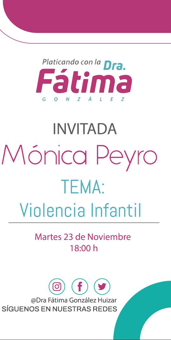 drahuizar's tweet photo. Hoy es martes de #PDFG los espero a las 18 hrs en mis redes sociales.
 
Me acompaña la Lic. Mónica Peyro con el tema: Violencia Infantil 

Fb. Dra Fátima González Huizar https://t.co/96qyGb4W2V