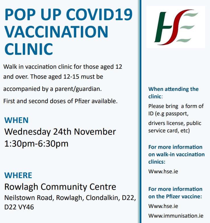 If you would like to get the Covid vaccine, please see details below. Available for over 12s. @SVRowlagh @NccwnR @RowlaghParish @HSELive