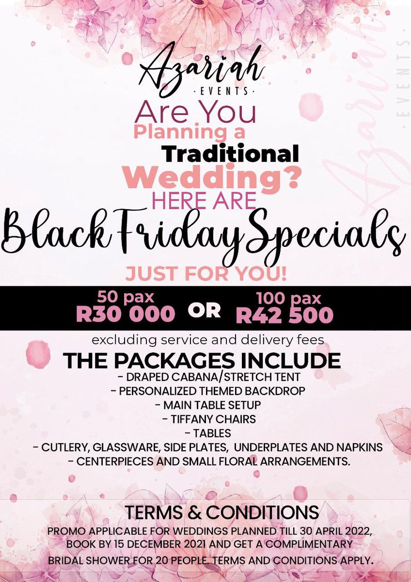 azariahEvents's tweet photo. A luxurious traditional wedding at affordable rates? We can do it! 

Rates are valid for a limited time only! Hurry and secure your booking! 

📧: azariahevents@gmail.com
📱: 063 933 8685   

#GirlsTalkZA https://t.co/tqCHP3IMYy
