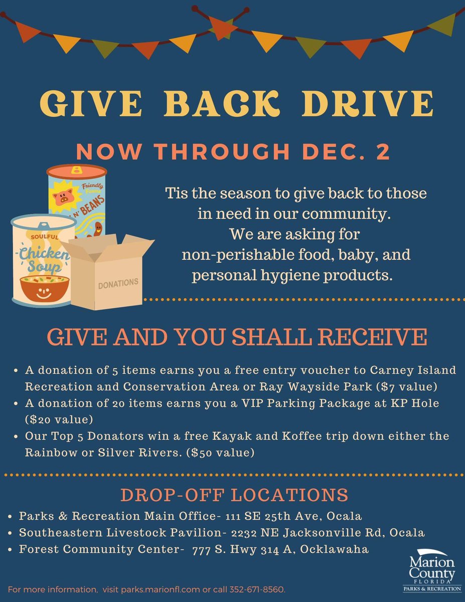 MarionParksRec's tweet photo. Our donation box is almost full and there’s only 9 days left to donate! Be sure to drop off your goods at a Parks &amp; Rec facility to win some Parks &amp; Rec prizes! #mcparksandrec https://t.co/YGHBDv4Hgt