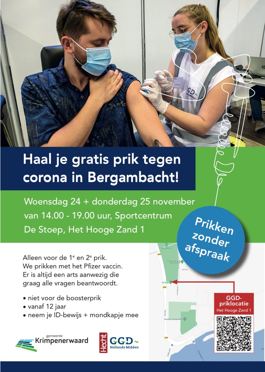 Heb jij jouw eerste of tweede prik nog niet? Woensdag 24 en donderdag 25 november heeft de GGD een tijdelijke priklocatie in De Stoep in Bergambacht. Tussen 14:00 - 19:00 uur kan je nu zonder afspraak terecht! Meer informatie: bit.ly/3kUhWMD #Krimpenerwaard #COVID19