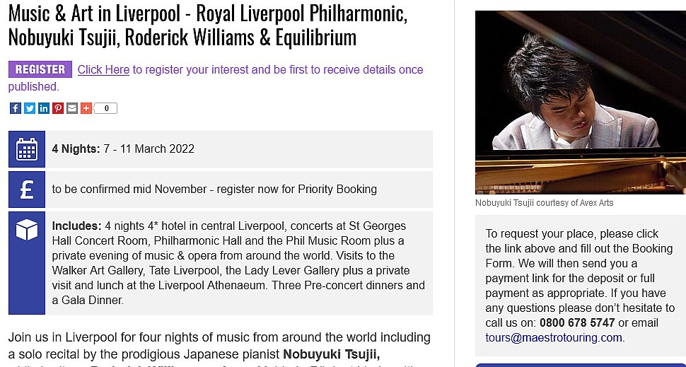 mlliu2006's tweet photo. The #COVID surge in Europe saddens me, but hope springs eternal💐A tour package (hotel, concerts, dinners) in Liverpool that includes the March 7 recital of #NobuyukiTsujii #辻井伸行 has been posted by @maestrotouring https://t.co/x3O2GnPuNi My best wishes. https://t.co/jHeiDvRlTw