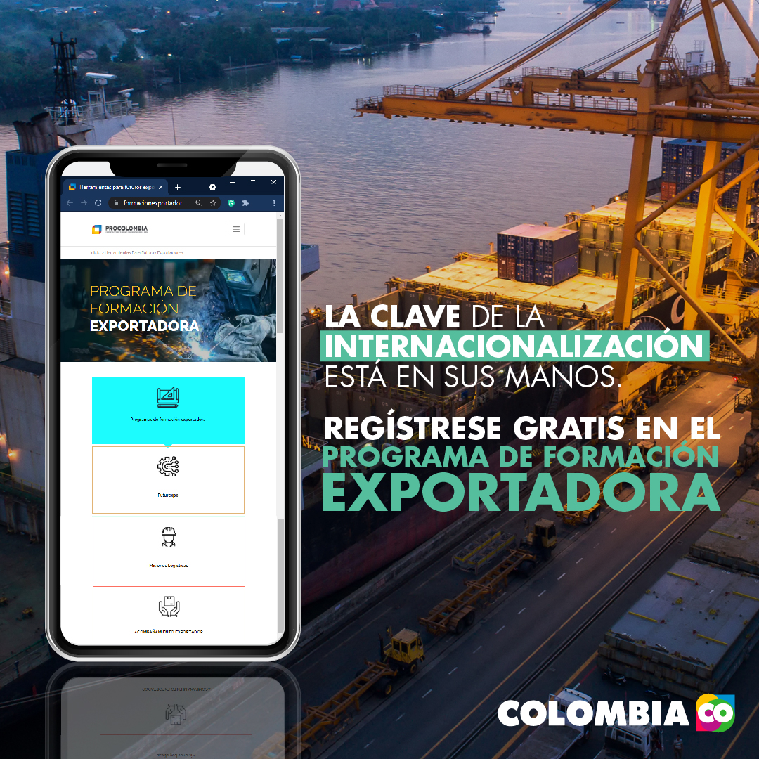 PROCOLOMBIACO's tweet photo. El portal de formación exportadora es una herramienta donde encontrará cursos, ciclos y talleres, para que llegue a nuevos mercados de la mano de @PROCOLOMBIACO. #AtrevaseAExportar Regístrese aquí: https://t.co/qbqd73faMy https://t.co/f65AkQAFl0