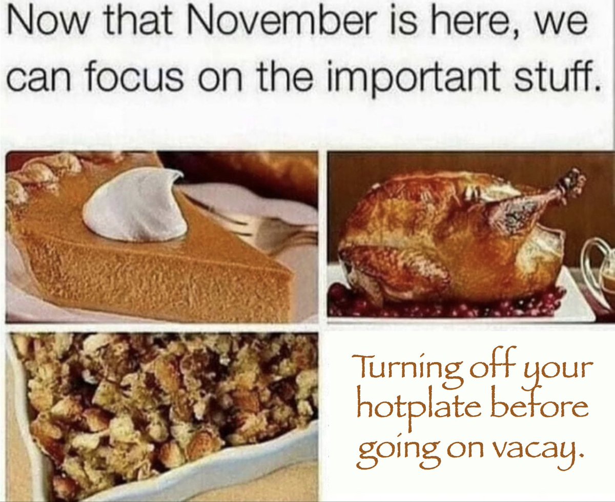 "Now that November is here, we can focus on the important stuff." Followed by a grid with 4 pictures: pumpkin pie, a Thanksgiving turkey, stuffing, and a box that says, "turning off your hotplate before going on vacay."