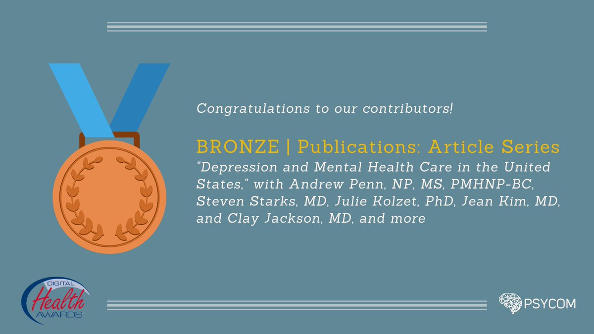 psycomnet's tweet photo. Congratulations to @mydocjackson, @jeankimmd, @UCSF_AndrewPenn, @StevenStarksMD, @drjuliekolzet, and more for earning Bronze in Article Series at the #Fall2021DHA.
Read "Depression and Mental Health Care in the United States" here: https://t.co/rhjX33hkFR https://t.co/jhEjut1utn