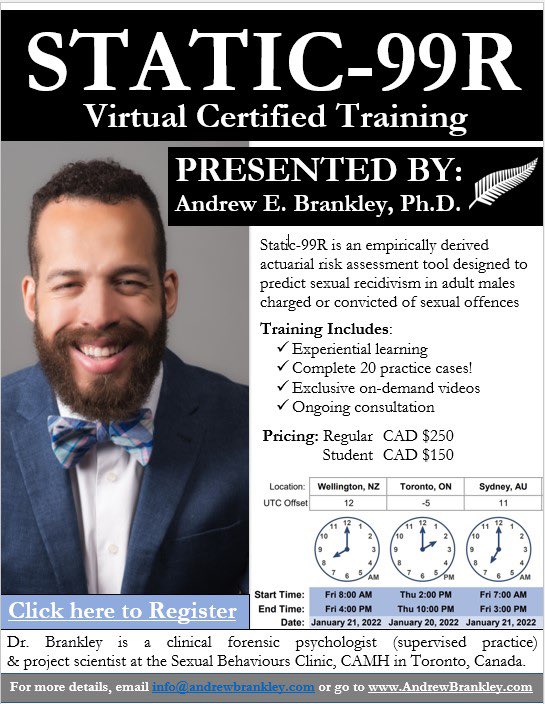 AEBrankley's tweet photo. #STATIC99R training Jan 21, 2022. Check time zones! Registration now open https://t.co/NxzXDytheW https://t.co/1ScZNMTt2j