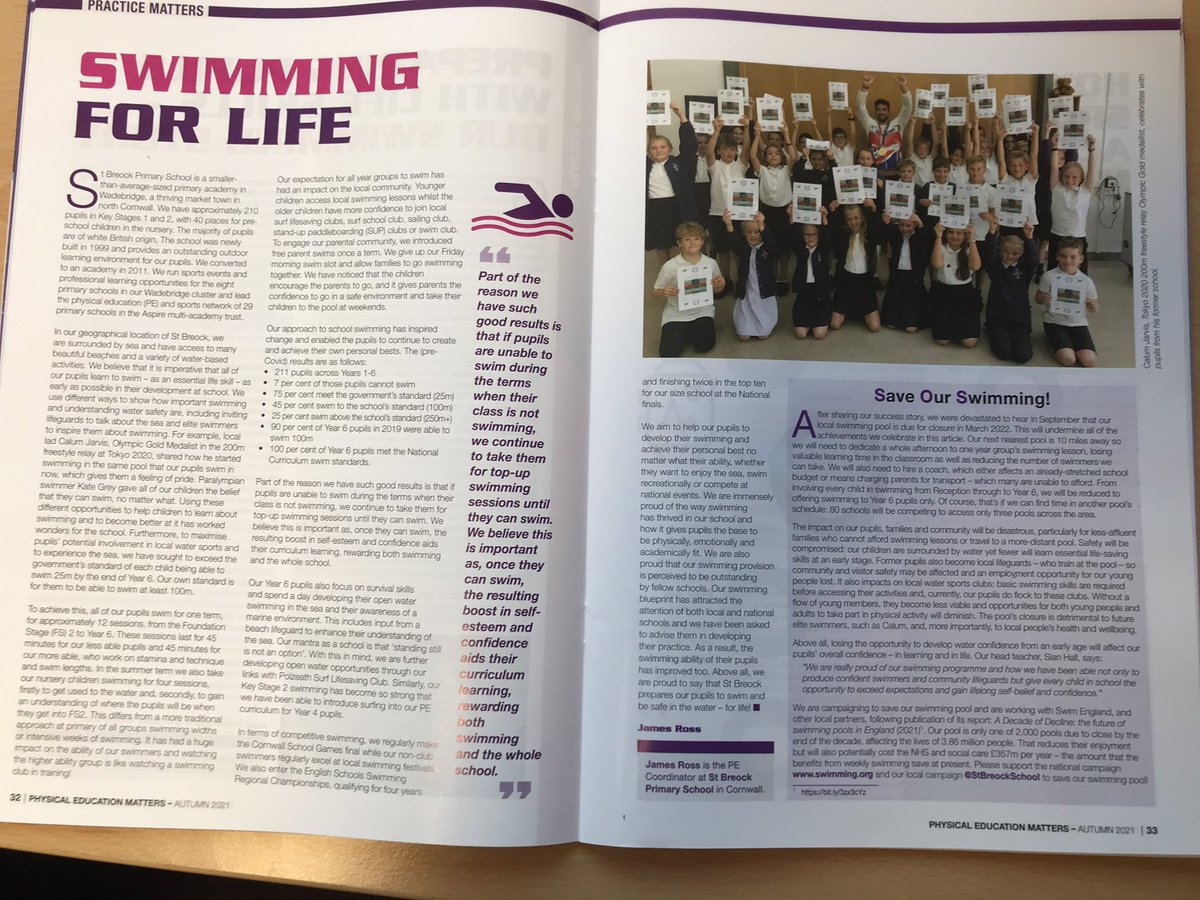 py2012stbreock's tweet photo. Great to have written this article for @afPE_PE magazine, timing couldn’t of been better when our swimming pool could be CLOSING!!?? Thanks  @carolhawman for your support writing it. #swimmingforlife #active #mentalhealth #fun @aapennington @ActiveCornwall @_JustTennis_ https://t.co/5qkXOB2dHi