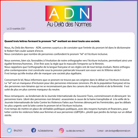 AuDN24's tweet photo. 🚨Communiqué de presse !🚨

"Quand trois lettres formant le pronom "iel", mettent en émoi toute une société".

@F3Aquitaine @SO_Dordogne @DordogneLibre 

#Iel #Dictionnaire #Robert #Dordogne #LGBTQIA https://t.co/5tiBoMgXPM
