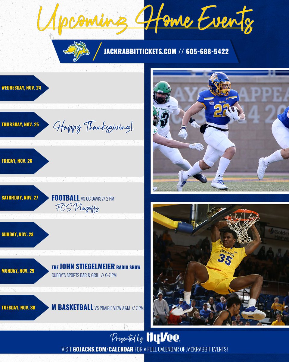 GoJacksSDSU's tweet photo. Happy Thanksgiving Eve, Jackrabbits!

#UpcomingHomeEvents 👇 

IT IS TIME FOR SOME PLAYOFF FOOTBALL - join us at DJDS this Saturday as @GoJacksFB hosts UC Davis in the opening round! 🥳

⭐ » @HyVee

#GoJacks 🐰 https://t.co/hYOPkGj9N7