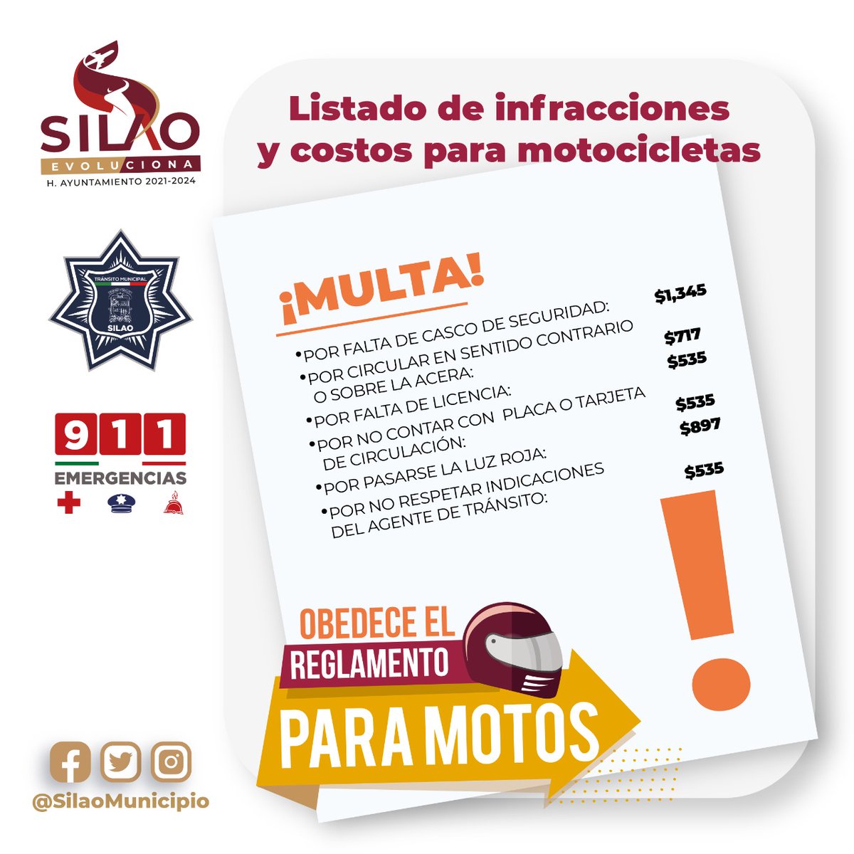 SilaoSP's tweet photo. ⚠️ Pon en regla tu 🏍 y la documentación 📑 ⚠️️

💲Te compartimos el listado de infracciones y costos de multa para motocicletas. 🛵

🚨 Recuerda que sólo esta semana son multas de cortesía. 🚨

#SilaoEvoluciona
#SilaoEvolucionaPorTi https://t.co/93AtoCXmaz
