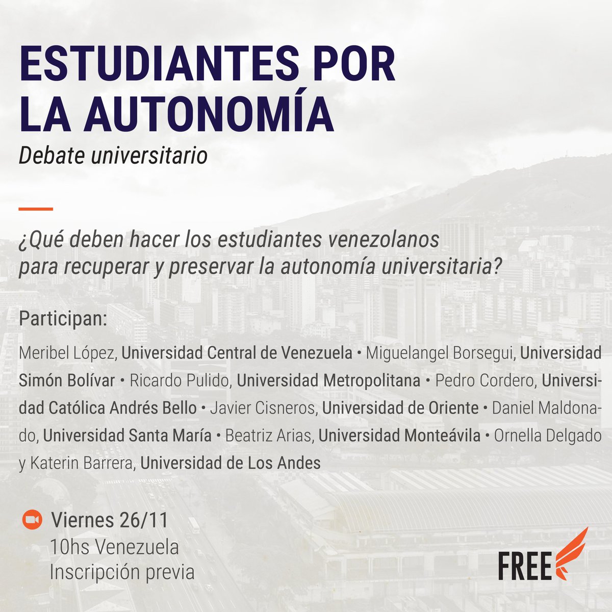 📚 ESTUDIANTES POR LA AUTONOMÍA

En #Venezuela, las entidades públicas han privado a los estudiantes de la autonomía académica. 

¿Qué deben hacer los universitarios para recuperarla?

Invitamos a 9 representantes de diferentes universidades a debatir: bit.ly/3r1hX5x