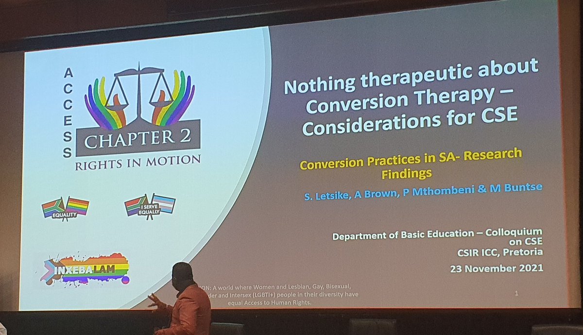 AccessChapter2's tweet photo. Findings on conversion practices in South Africa presented by AC2 ExD @msletsike & Prof Brown of @go2uj @ @DBE_SA Colloquium on Comprehensive Sexuality Education
#endconversiontherapy
#endconversionpractices
#endharmfulpractices
@OutRightIntl
#LGBTQ
#humanrights
@PresidencyZA https://t.co/F6RbjIUTOw