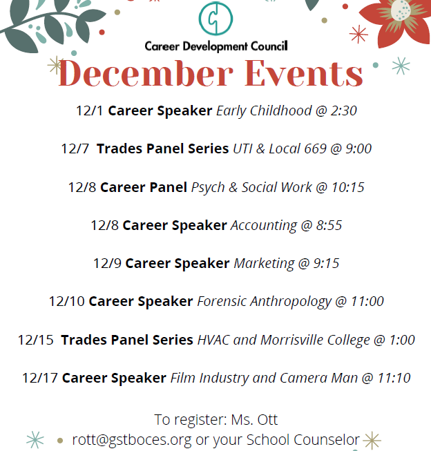 SVE_HS's tweet photo. We have multiple great career presentations available for students throughout the month of December, both at SVE &amp; virtual.  We will make sure there is a viewing location if students are interested in any of the zoom sessions.  Let your counselor know if you would like to attend! https://t.co/9Jb0hz5fel