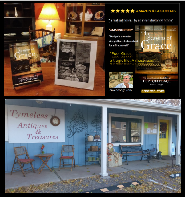 DaveODodge's tweet photo. The Seasons of Grace; the unauthorized backstory of Peyton Place is my first novel. It is now available at select stores in the USA &amp; Mexico.. Thank you Larry Baker at Tymeless Antiques in @PineStrwberyRim  for presenting my book. Grace got its start in @PineStrwberyRim. https://t.co/wAaIvdPaX0