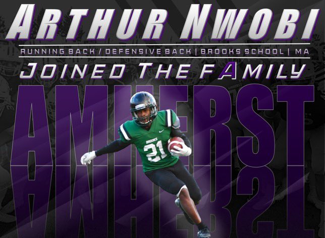 ArthurNwobi's tweet photo. I am very excited to announce my commitment to the admissions process at Amherst College! I would like to thank my family, teammates, and coaches for helping throughout the journey. @CoachEJMills @coachbanks9 @AmherstCollFB https://t.co/Rux6ffufOS