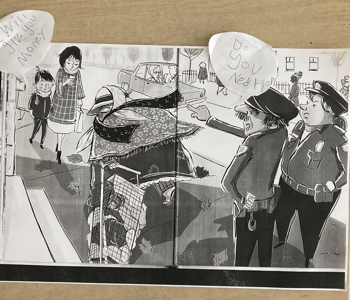McCabeLokos's tweet photo. This one was so powerful and relevant to Toronto today. The police officer reframed to ask “Do you need help?” The child saying “I will give you money.” @marketlaneps1 https://t.co/w6yeCHMtSh