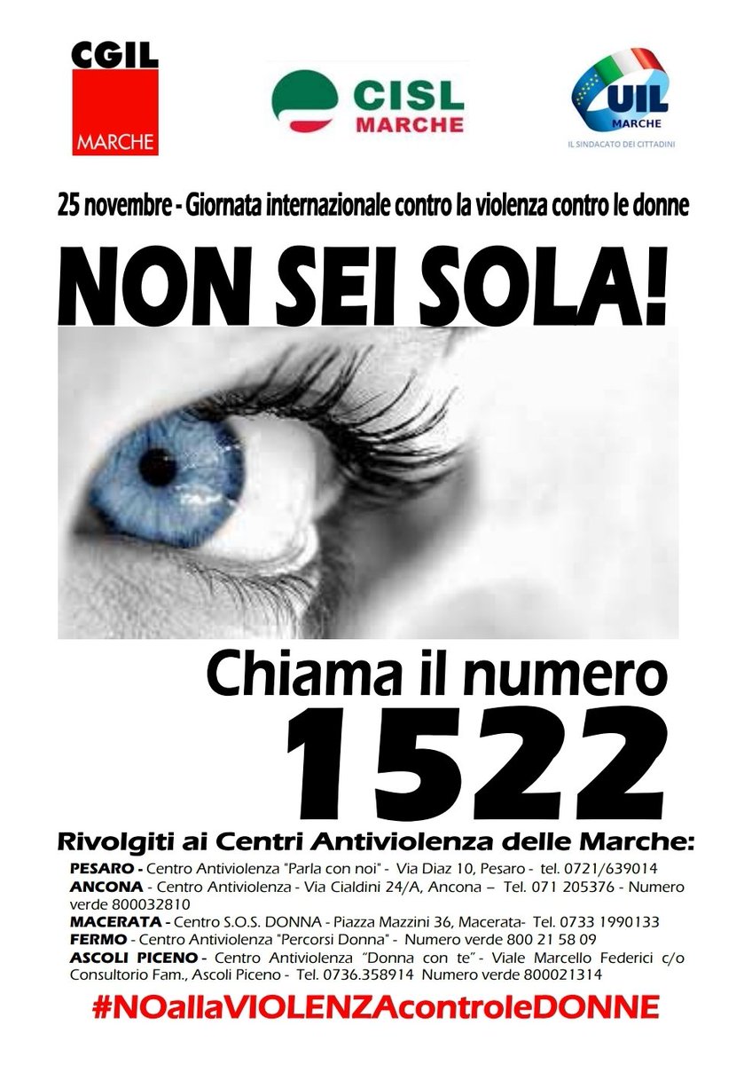 Non sei sola! Chiama il numero 1522. marche.cgil.it/cgil-cisl-e-ui… <a href="/DonneCgil/">BelleCiao</a> #noallaviolenzacontroledonne #violenzasulledonne #25novembre