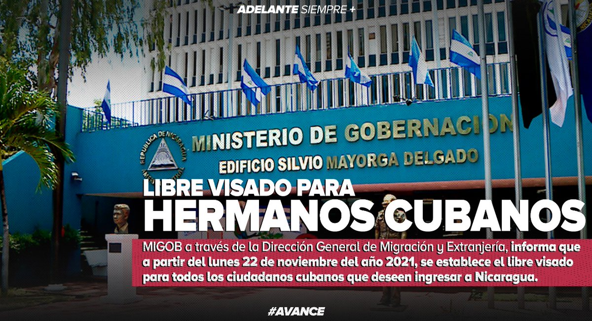 #Avance| Gobierno de Reconciliación y Unidad Nacional, a través del Ministerio de Gobernación de #Nicaragua y la Dirección General de Migración y Extranjería, establecen libre visado para ciudadanos cubanos✊🇳🇮🇨🇺

#OrgulloNacionalPatriaLibre
#SoberaniaEnMiTierra
#23Noviembre