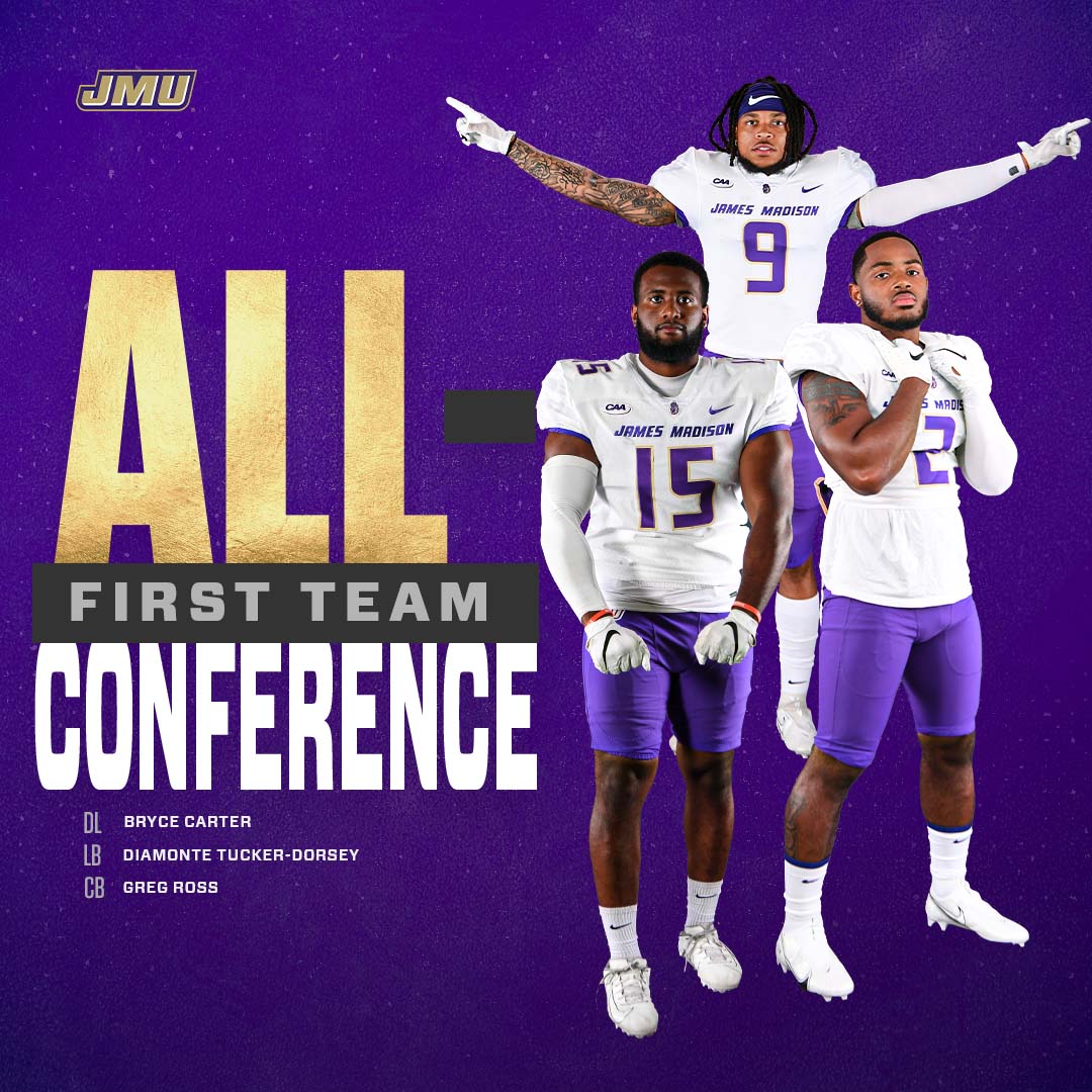 JMUFootball's tweet image. A trio of defensive Dukes were also named to the First Team.

🏈 Bryce Carter
🏈 Diamonte Tucker-Dorsey
🏈 Greg Ross

#GoDukes