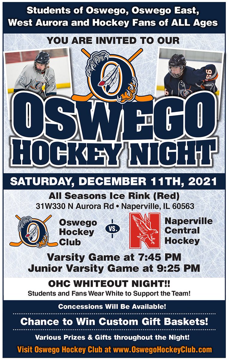 Stop by our Oswego Hockey Club booth at the OSWEGO CHRISTMAS WALK on the evening of December 3rd. Show us your stickhandling skills on the SuperDeker and win a PRIZE! Also, start spreading the word - December 11th is OHC Hockey Night at All Seasons Ice Rink. Let's pack the place!