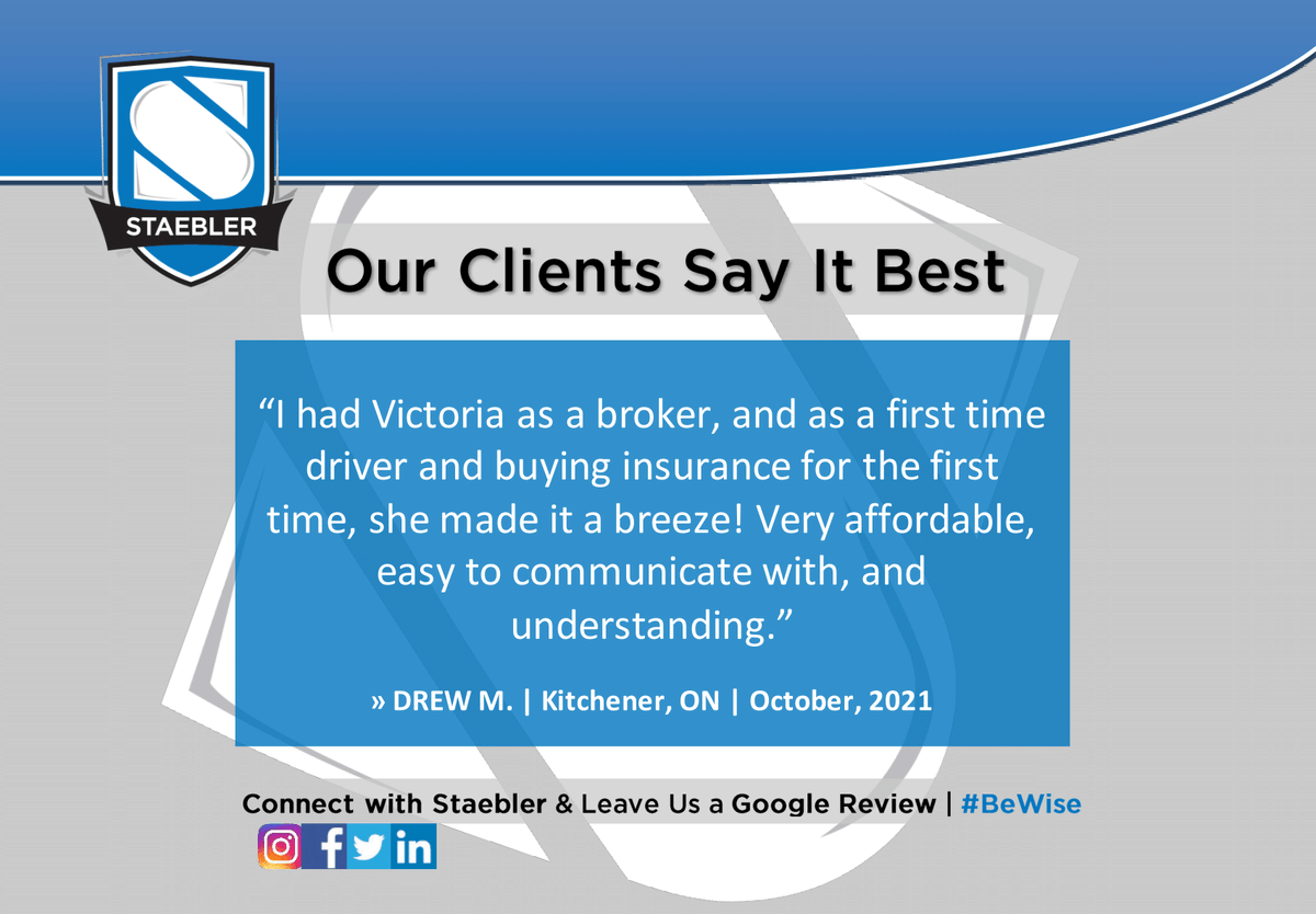 StaeblerInsures's tweet photo. Thanks Drew for the great review!
Well done by Victoria to get a new driver insured and on the road safely. πβ
#TestimonialTuesday #BeWise #WeTheExperts #ClientReview #FiveStars https://t.co/AKnqHZwxbo