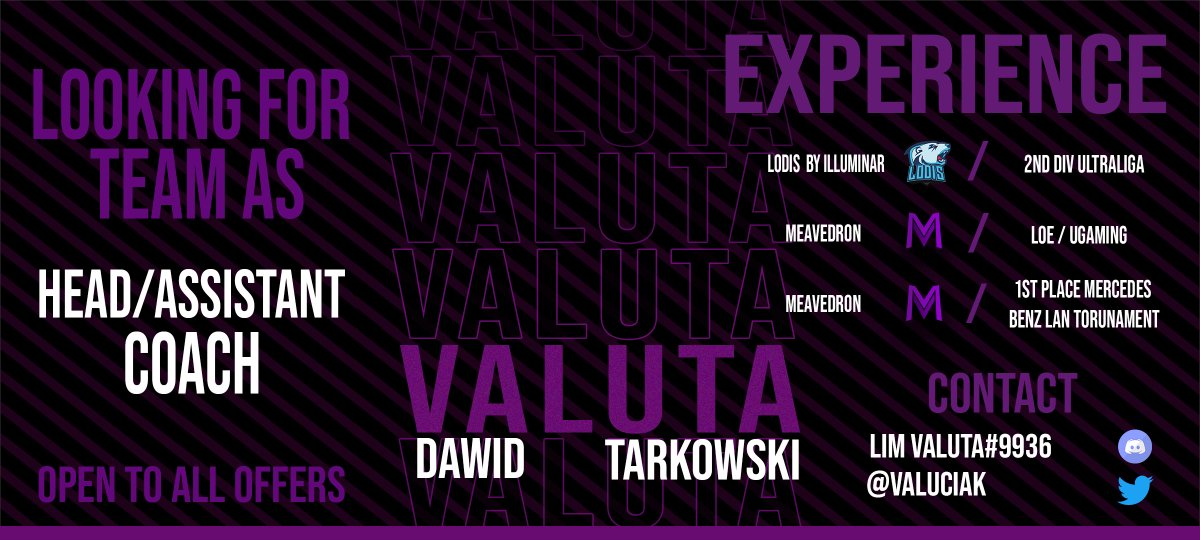 Hi
I'm looking for a new team for upcoming split.
DM for more info💜

Good skills in team building, and comunicative english.

Ref: <a href="/Vounghuard/">Vounghuard</a>, <a href="/dawerlol/">dawer</a>, @CoachMarin1