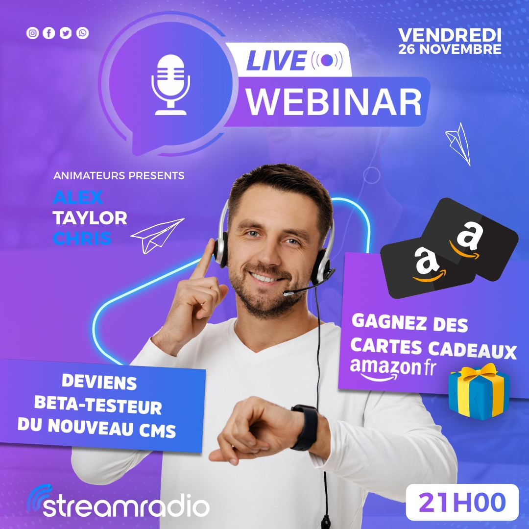 🔴ALERTE : RENDEZ-VOUS WEBINAIRE ET CADEAUX À GAGNER ! 🎁
Vous souhaitez découvrir en exclusivité notre nouveau CMS Radio pour l'installer prochainement sur votre site ? 💻
On a la solution ! 🥰
📆 Ce Vendredi 26 novembre 2021 à 21H00, rendez-vous sur webinaire.streamradio.fr