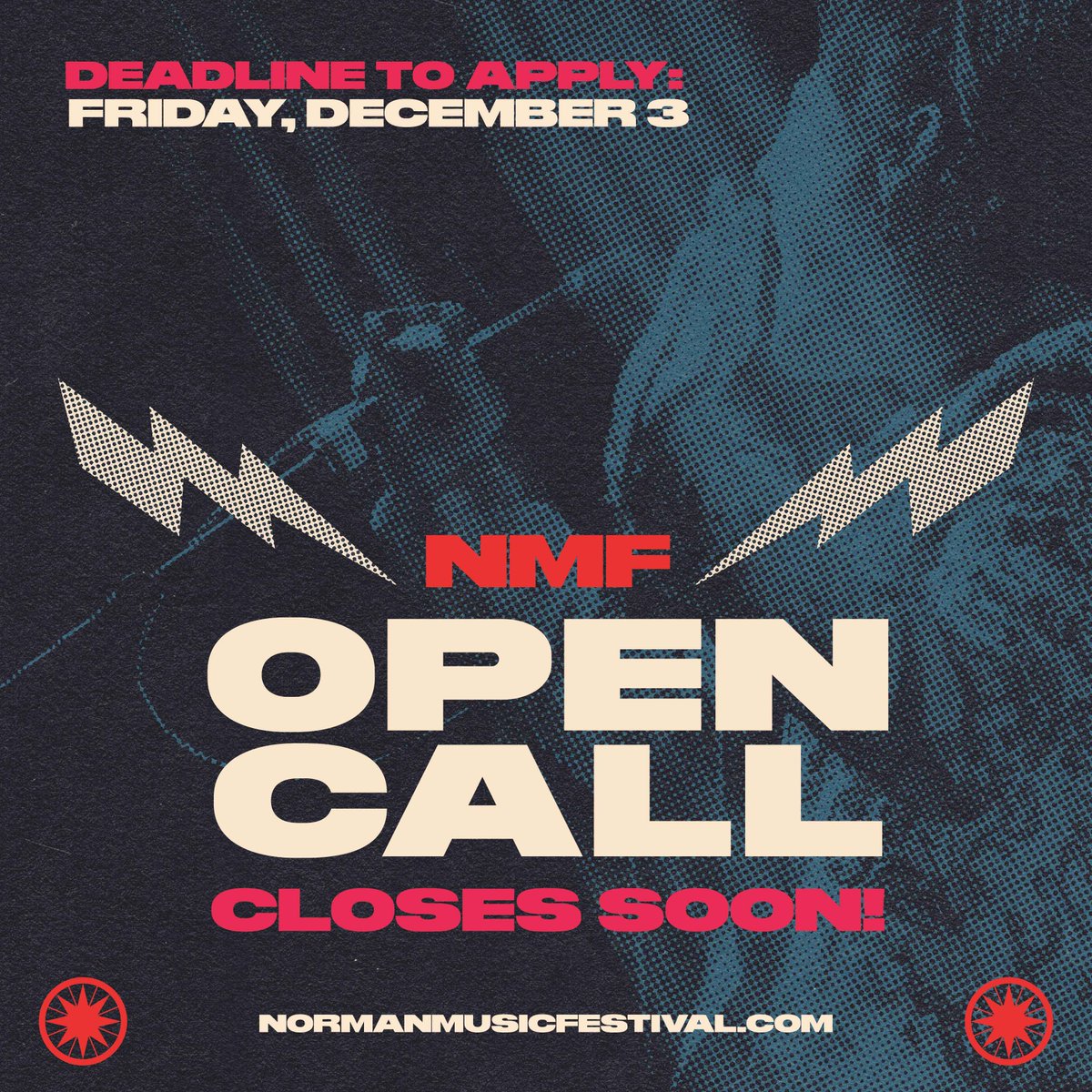 For real, y'all. Less than two weeks to apply to play Norman Music Festival, and at least a couple of those days will be filled in a turkey/tofurky-induced haze. ⏱️ is ticking! Submit by 11:59 p.m. on 12/3, before this portal transforms back to a pumpkin: normanmusicfestival.com/participate/ba…