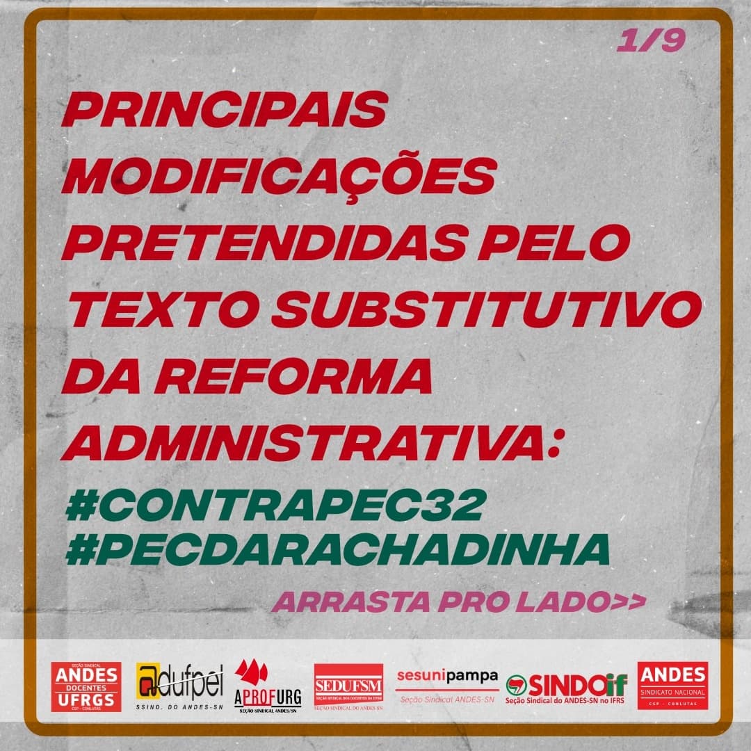 SESUNIPAMPA1's tweet photo. PEC 32 - Entenda, no material produzido pelas Seções Sindicais da Regional RS do ANDES-SN, as principais mudanças contidas no texto substitutivo.
#PEC32Nao #PECdaRachadinha #ContraPEC32 https://t.co/2BBMgSCaQg