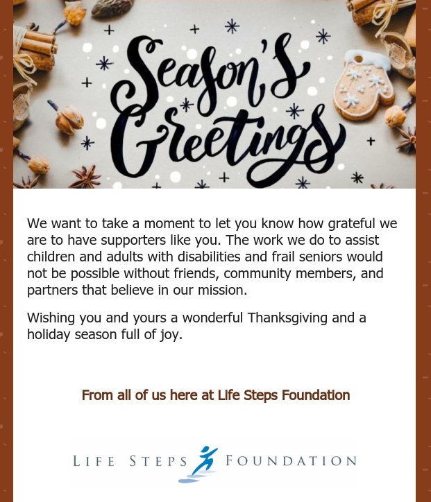 From all of us here at Life Steps Foundation, we wish you and yours a safe Happy Thanksgiving! 

#lifestepsfoundaton  #SeasonsGreetings #happythanksgivng #thankful #ThanksgivingDay