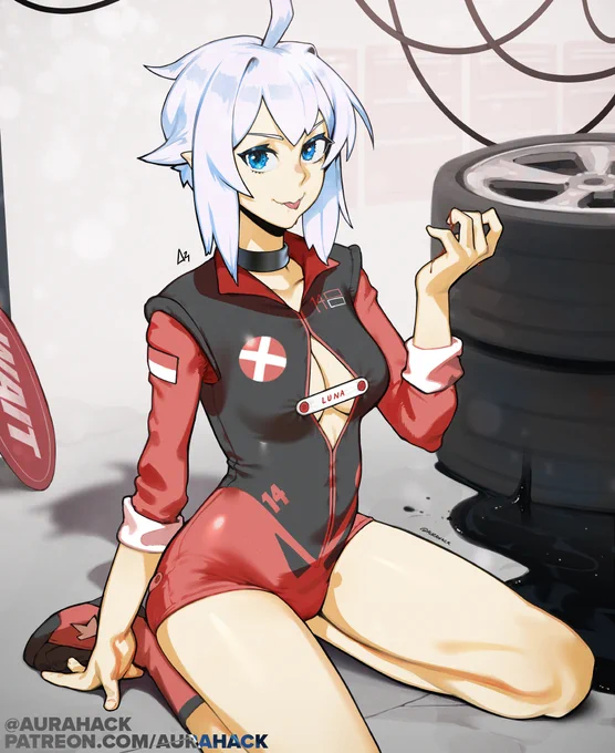 Drew @Unsomnus's OC Luna dressed as my OC (Tera) for our latest #LateNightSecretSanta exchange! 🧛‍♀️🏁 