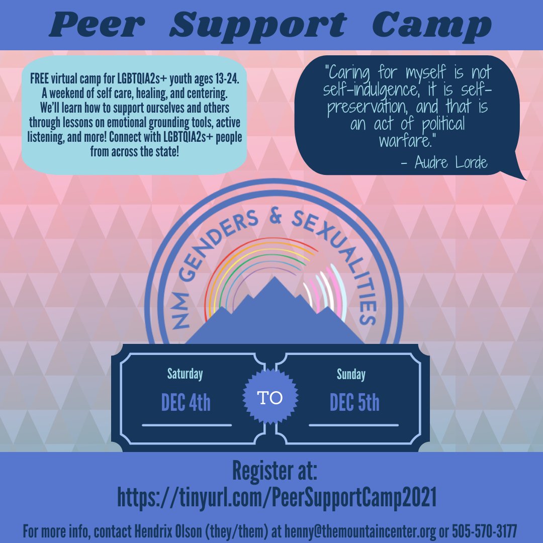 NMGSAN's tweet photo. Evening y'all,

We're happy to announce that we'll be facilitating a virtual version of our Peer Support camp in a couple weeks!

The camp is FREE and will be on December 4th-5th, 11am - 4pm MT on Zoom. https://t.co/iwkQAdrbvG