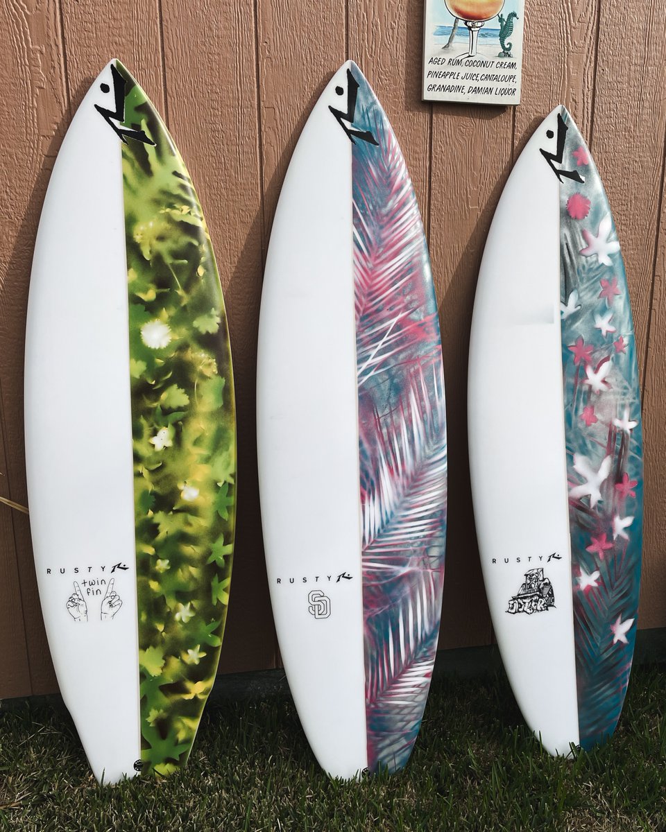 rustysurfboards's tweet photo. Holly Beck picked up part of her quiver last week and got creative with some spray paint. Which one is your favorite?

#rustysurfboards #RustyTwinFin #RustySD #RustyDozer #ourkind https://t.co/IxdioHXiSs