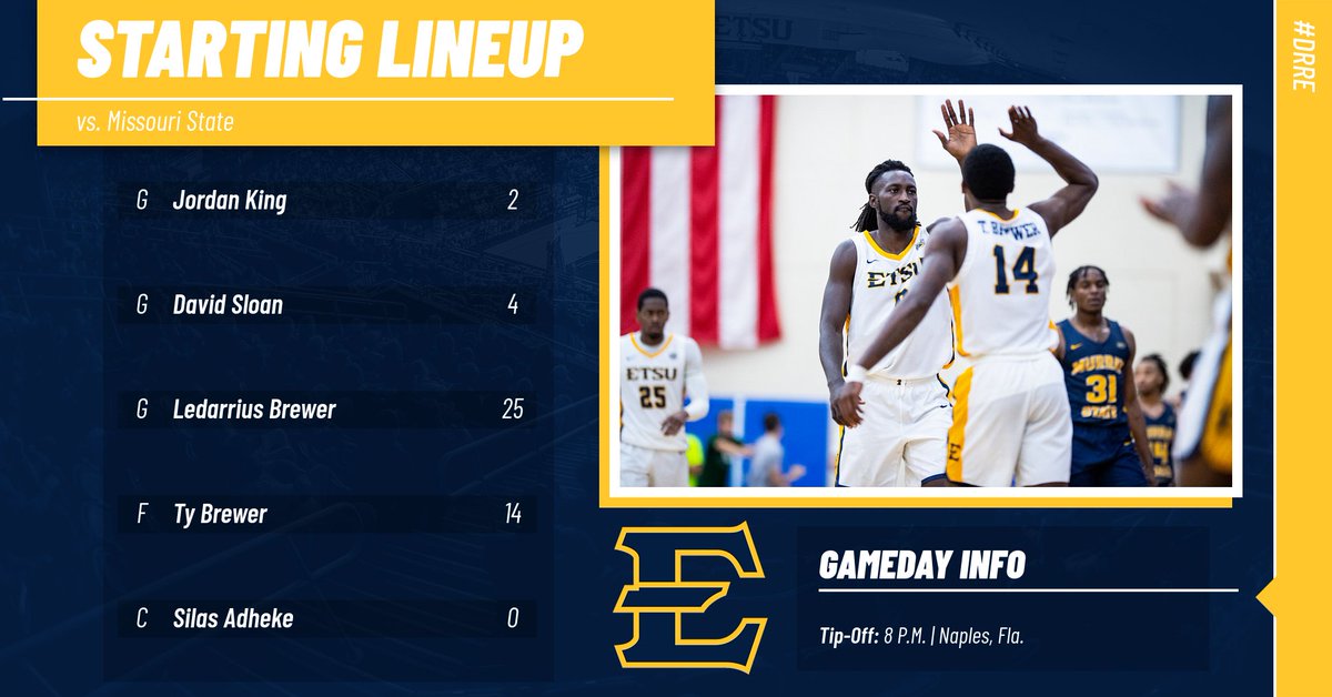 ETSU_MBB's tweet photo. Tonight's starting 🖐️ vs. Missouri State❗️
Ways to follow the game...
📺 https://t.co/89ptcX4Mhz
📻 https://t.co/4DCDxcpGvm
📊 https://t.co/pH6qyB4qEz
#DRRE | #NaplesInvitational https://t.co/QY3obe69tt