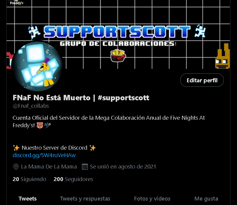 Fnaf_collabs's tweet photo. Pero que es esto? Ya hemos llegado a 200 Seguidores! Muchas Gracias por todo su apoyo!!!
De regalo por esto, os dejo en nuestro server oficial  con un pequeño Sneak Peak de lo que se viene... ¡Solo disponible durante 2 Horas!

Si Aún no estás en nuestro server, en el perfil esta! https://t.co/9l04Z2ir9c