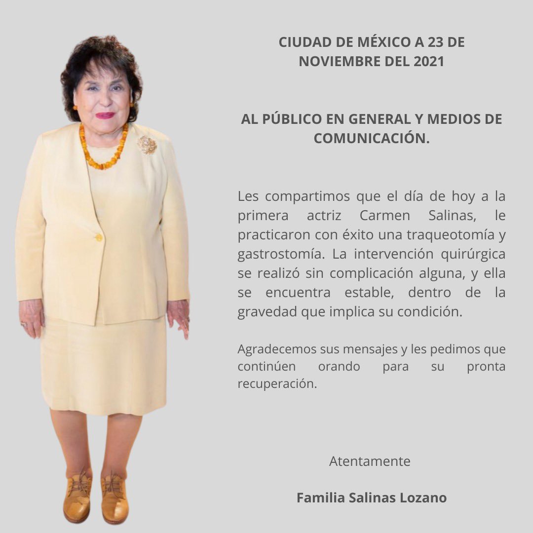 La familia Salinas Lozano les comparte la siguiente información sobre el estado de salud de Carmen Salinas