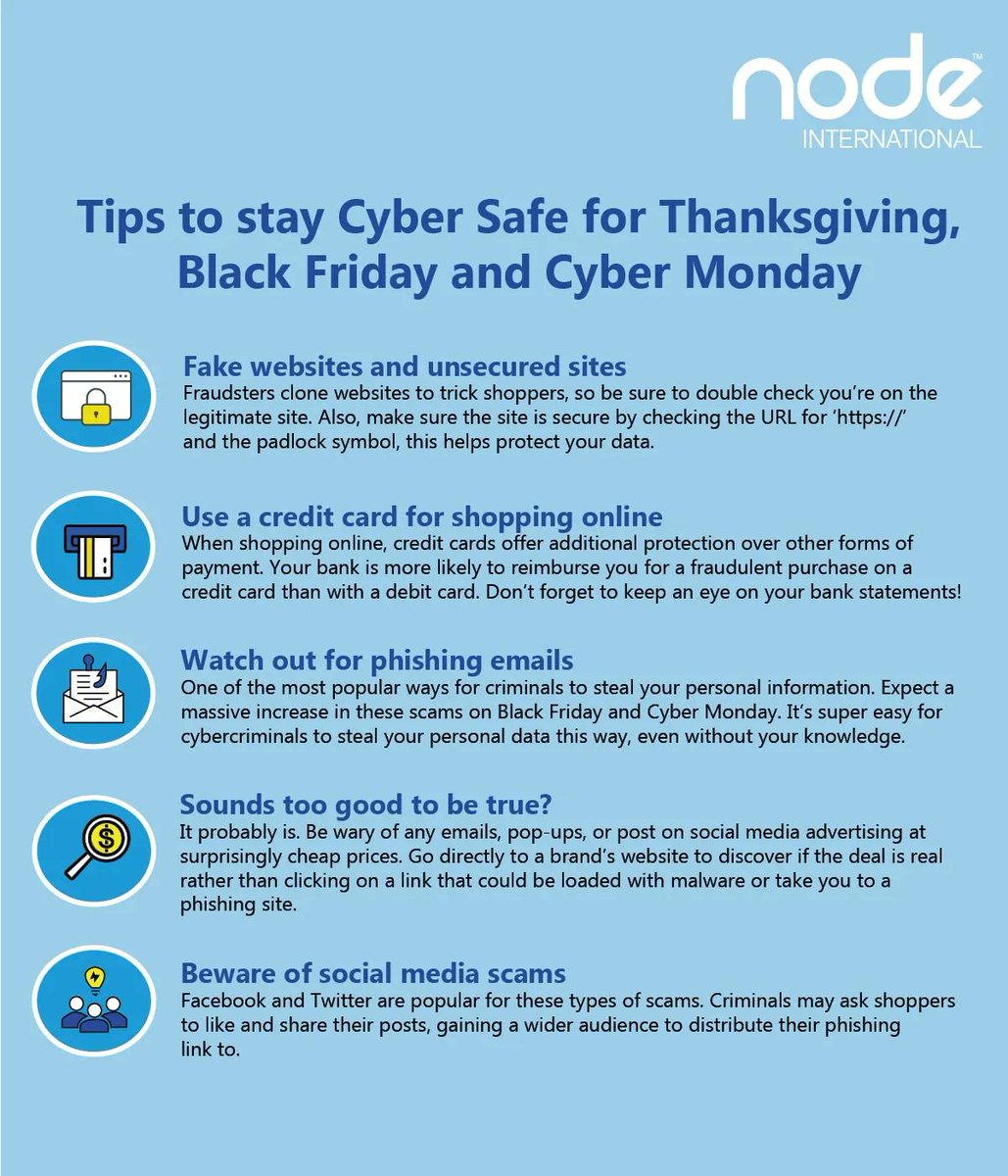 NodeIntl's tweet image. Tempted to take part in some festive shopping? Create a separate email address for less sensitive accounts to reduce the risk of data leakage. 

Read our infographic for even more tips!

#cyberinsurance #cybersecurity #infosec #blackfriday #cybermonday #thanksgiving #datasecurity