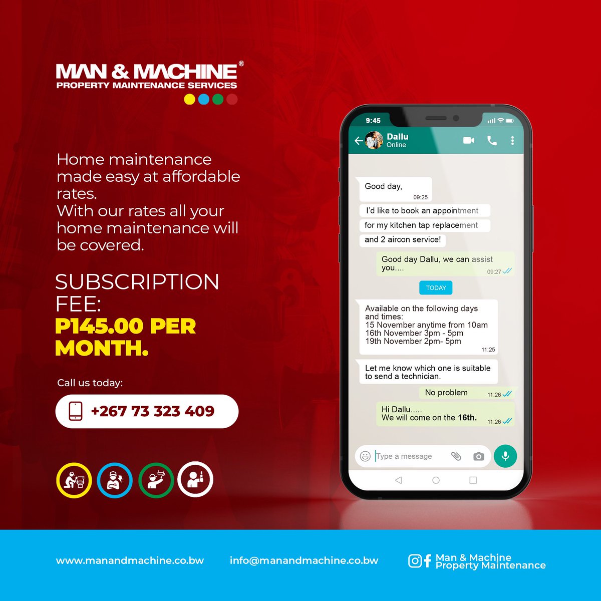ManandMachineBw's tweet photo. Need to submit a service? Schedule an appointment or request a repair online, via mobile?
You can use our WhatsApp account 267 73 323 409.
#HomeMaintenanceMadeEasy #Convenient #Affordable #Proactive #Plumbing #ElectricalMaintenance #AirconMaintenance #Waterproofing https://t.co/9Vp7U1cK5w