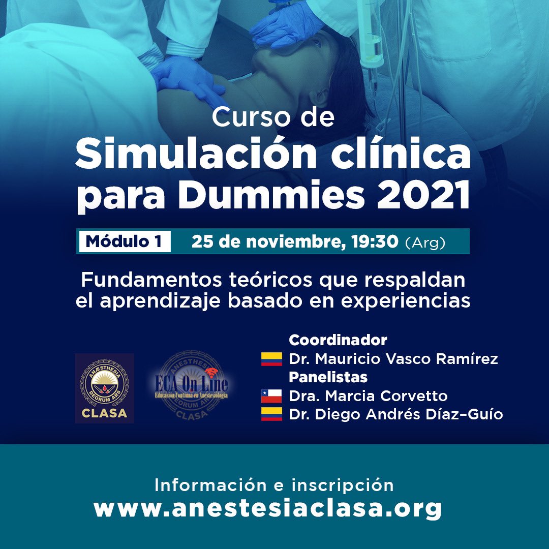 Curso de fundamentación teórica en simulación clínica. En el primer módulo estaremos hablando de lo esencial para iniciar un programa exitoso de formación basado en experiencias junto a <a href="/CorvettoMarcia/">Marcia Corvetto</a> <a href="/clasanews/">clasanews</a> <a href="/scarecolombia/">S.C.A.R.E.</a> 
anestesiaclasa.org/offers/KL9dD5d…