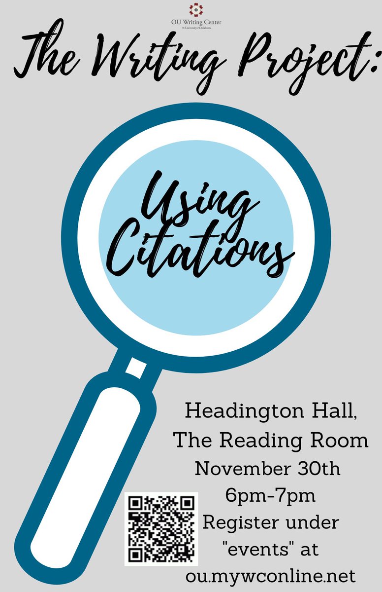 ouwrites's tweet image. Do you have difficulty with citations? Register at ou.mywconline.net for our free post-break workshop on Using Citations on Tuesday, November 30th, 6-7pm at Headington Hall Reading Room!