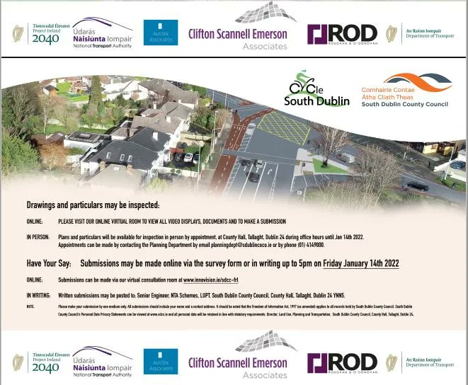 The public consultation for the next phase of the Dodder Greenway is live. 
This  will give citizens a chance to have their say in how safe active travel may be achieved  from Dodder Valley Park to Kilvere estate via Firhouse Rd and Butterfield Ave.

Visit buff.ly/3nHYUei